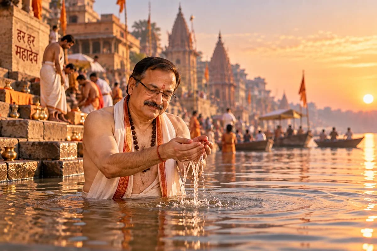 Panditji — Sun offering, in the Ganga